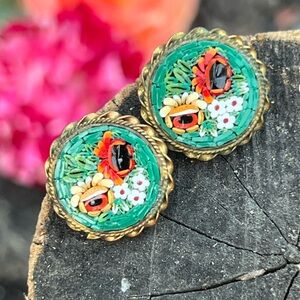 Vintage Italian Micro-Mosaic Floral Clip-On Earrings – Excellent Condition